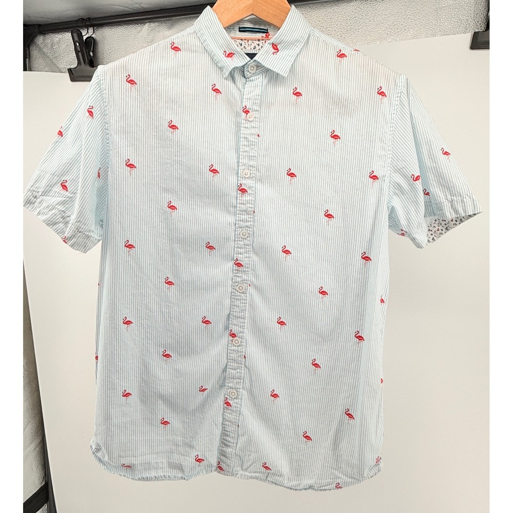 Cactus Man Ricky Singh Blue White Striped Flamingo Short Sleeve Shirt Large